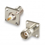TNC(female) connector, solder attachment, 4 hole flange panel mount diam. 3,2mm, 13,0x13,0 mm