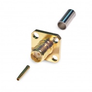 SMA(female) connector, crimp attachment, for RG174, RG316, 4 hole flange panel mount, diam. 2,5 mm, 8,5x8,5 mm